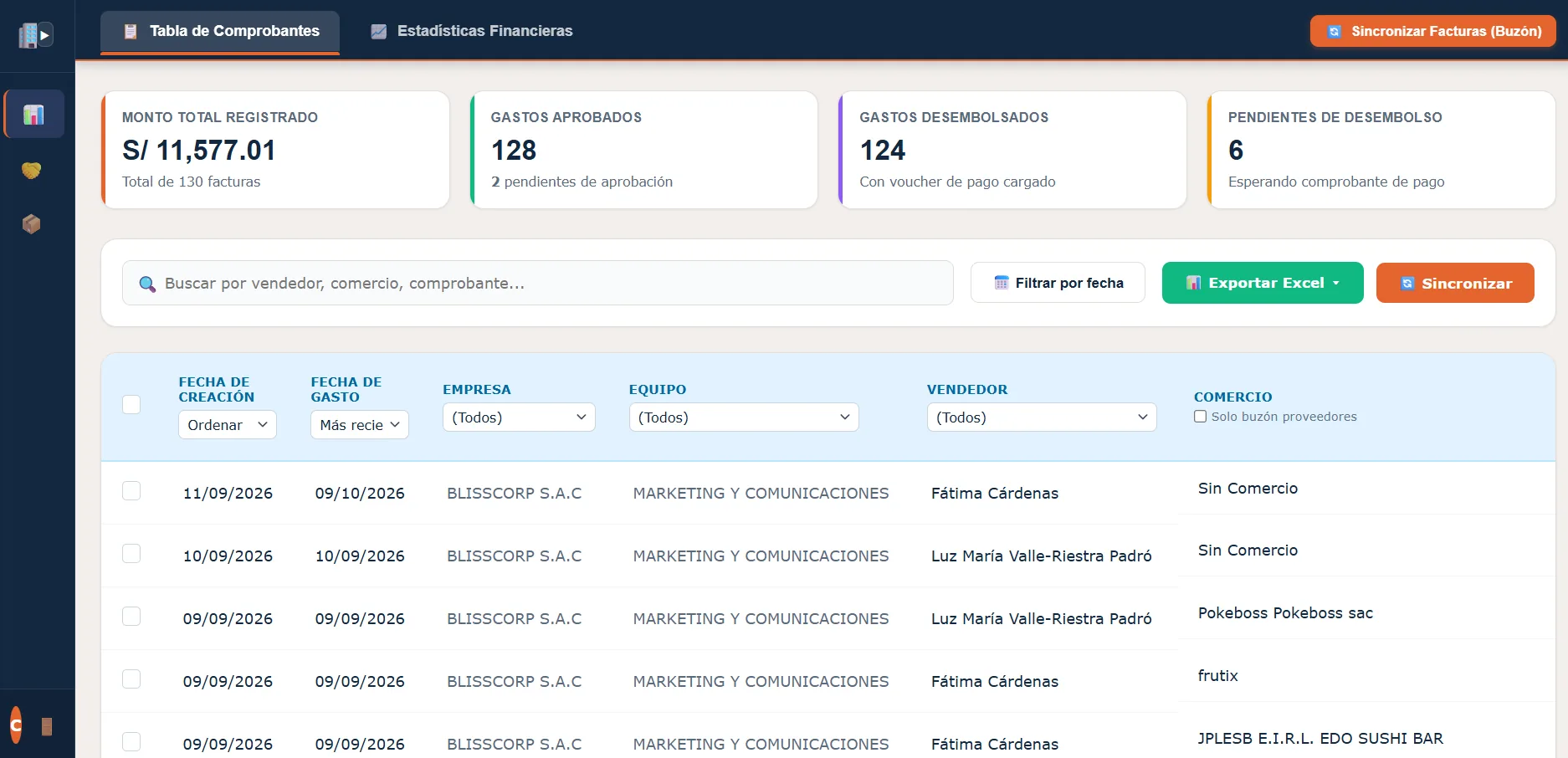 Panel general de Rindegastos con indicadores, filtros y listado de comprobantes