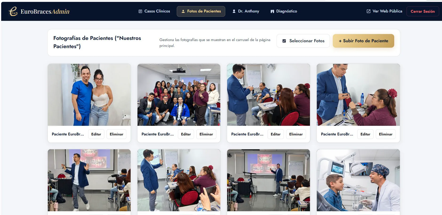 Panel de administración con la galería de fotos de pacientes