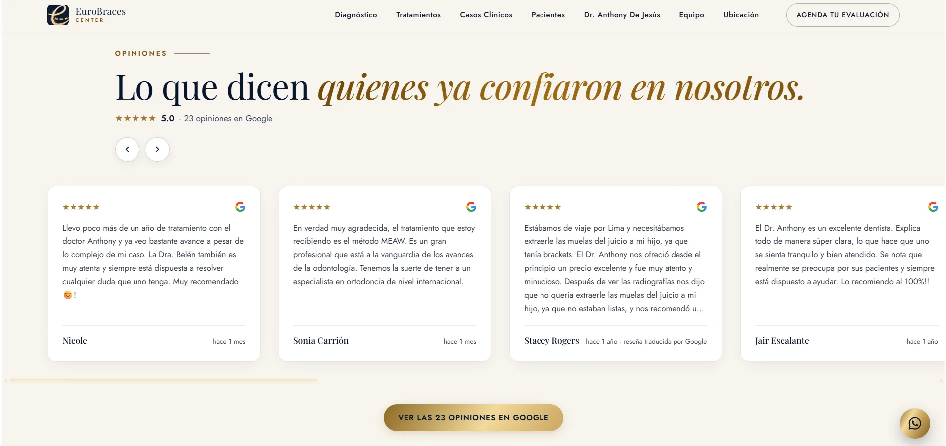 Sección de opiniones de pacientes enlazadas a sus reseñas originales de Google